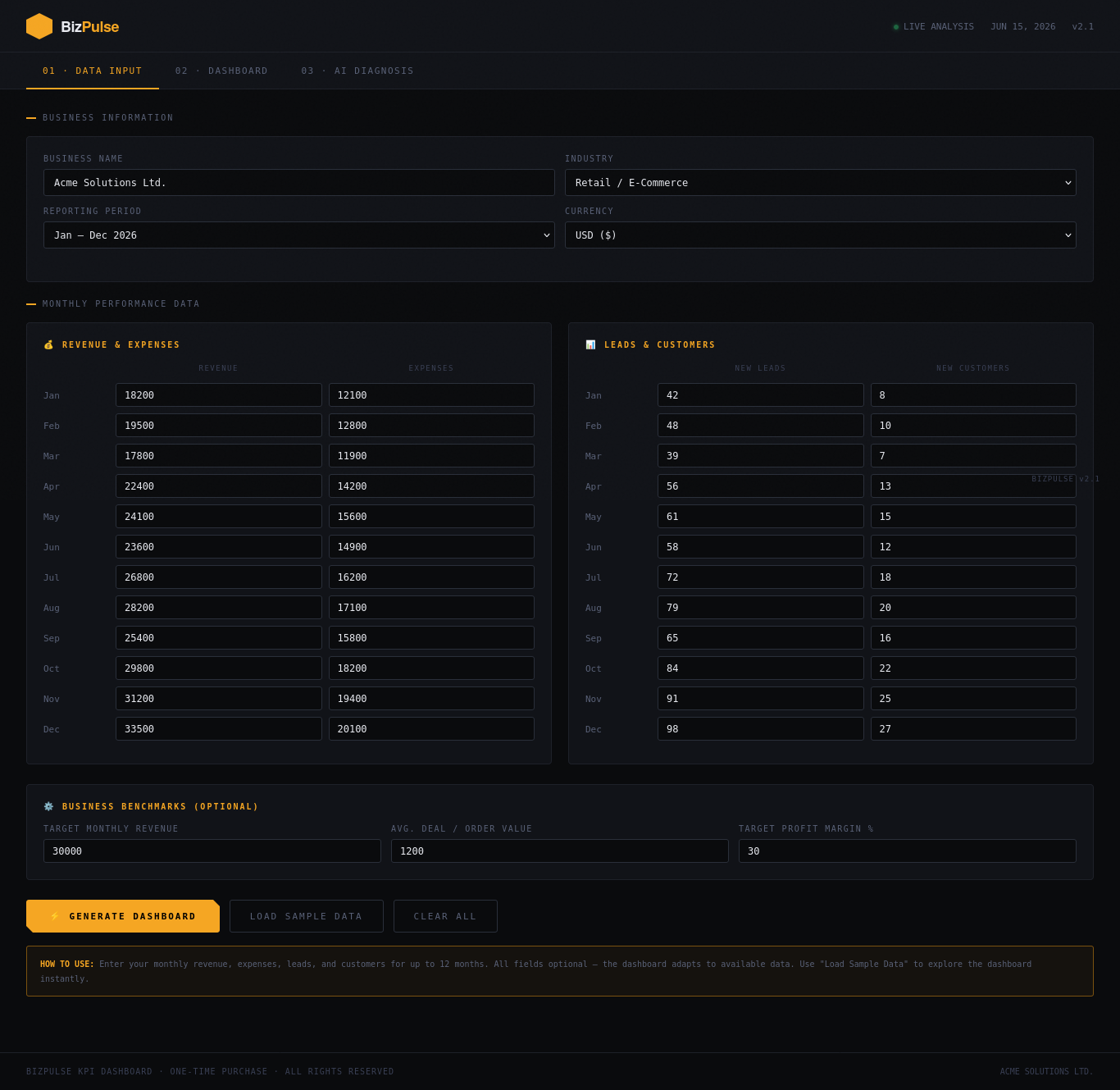 BizPulse data entry view